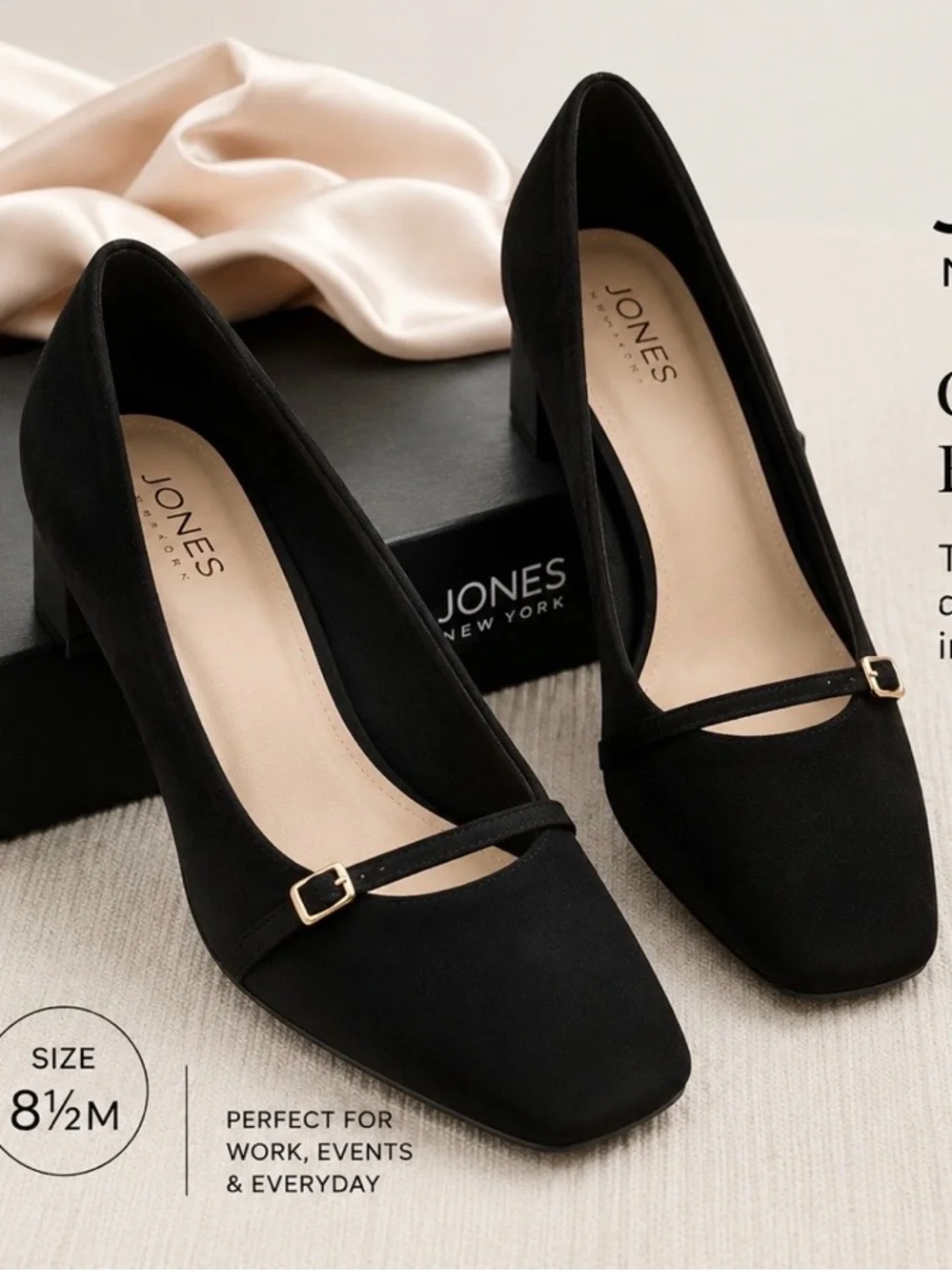 Jones New York Black Mary Jane Block Heel Pumps with Gold Buckle